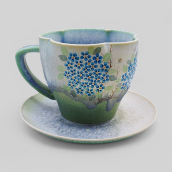 Hand-Painted Ceramic Coffee Cup Set - Blue Hydrangea