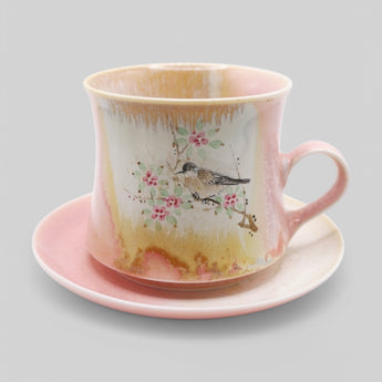 Hand-Painted Ceramic Coffee Cup Set - Spring Finch & Plum Blossom