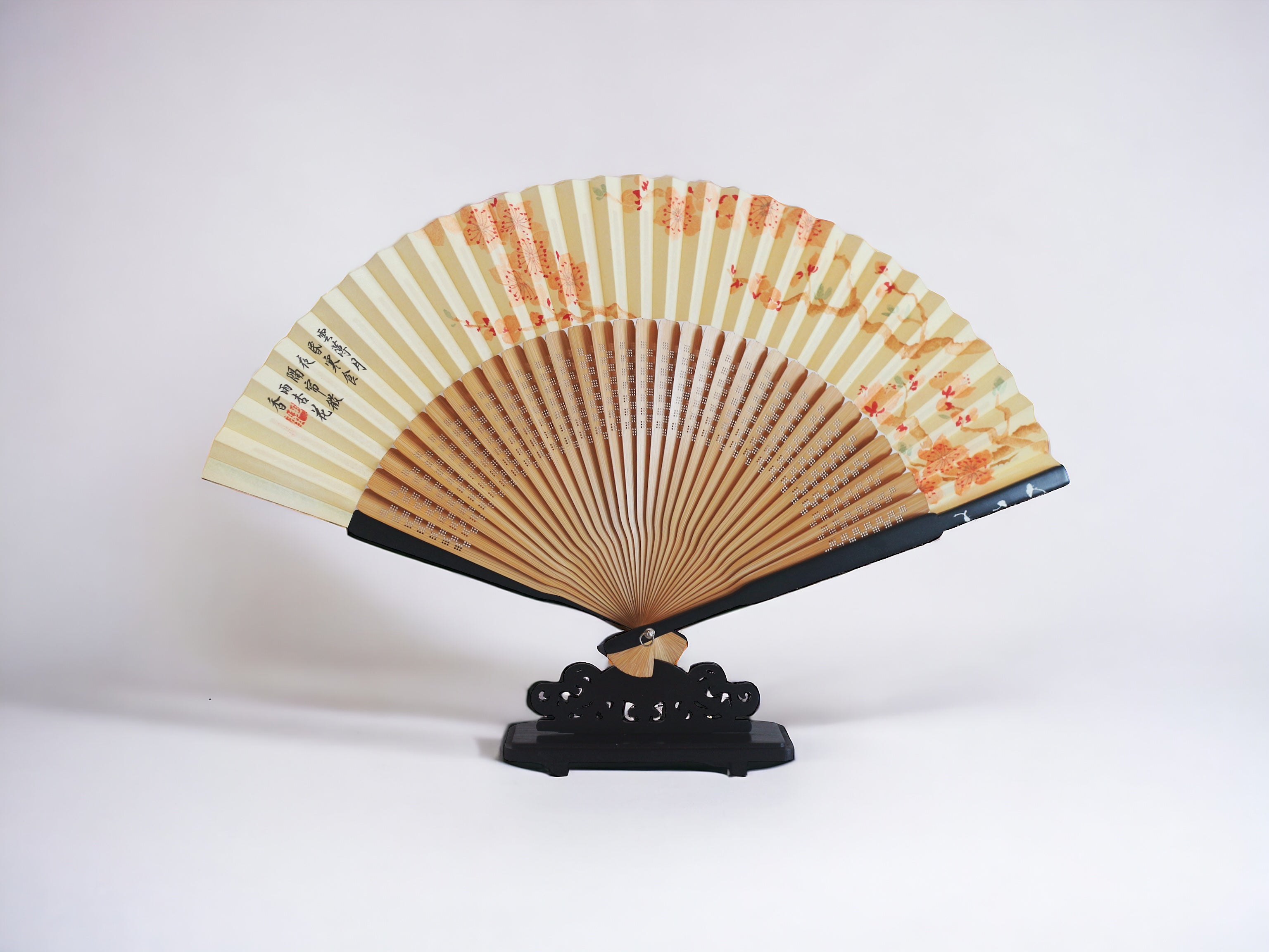 Hand-Painted Silk Folding Fan -  Apricot Blossom