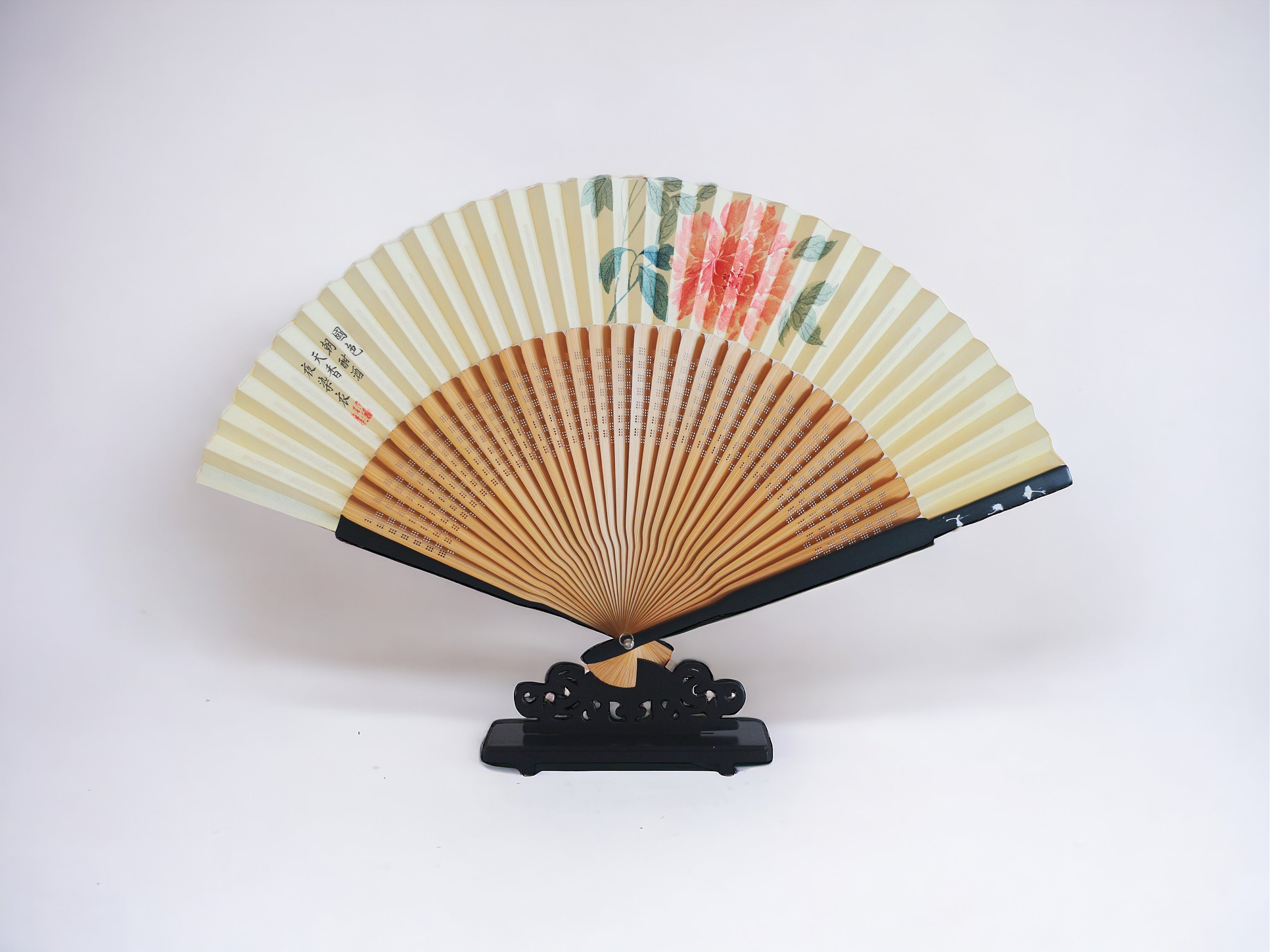 Hand-Painted Silk Folding Fan - Peony