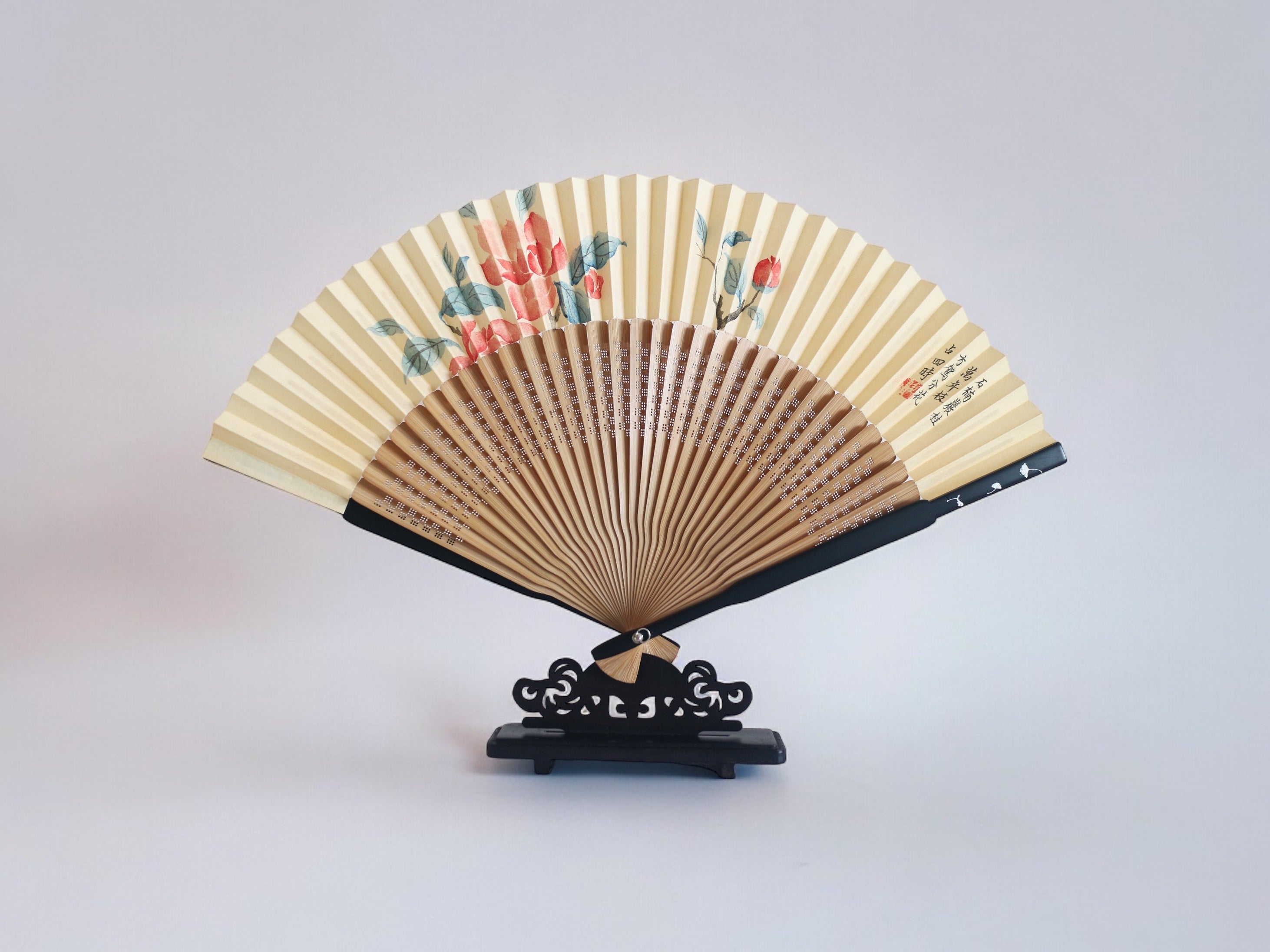 Hand-Painted Silk Folding Fan - Camellia