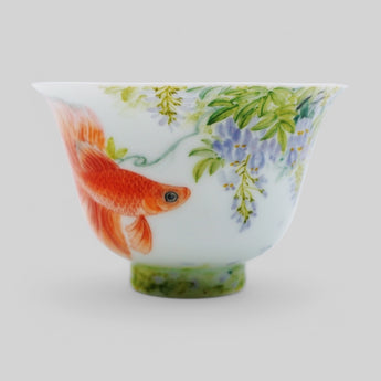 Hand-Painted Porcelain Tea Cup – Goldfish & Wisteria