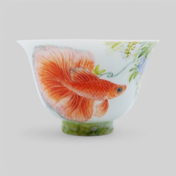 Hand-Painted Porcelain Tea Cup – Goldfish & Wisteria