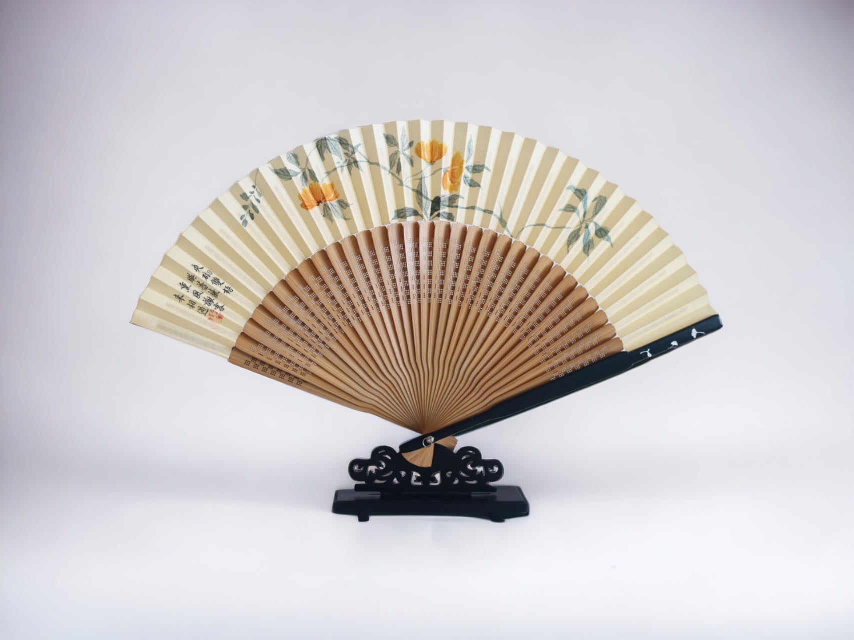 Hand-Painted Silk Folding Fan - Hollyhock