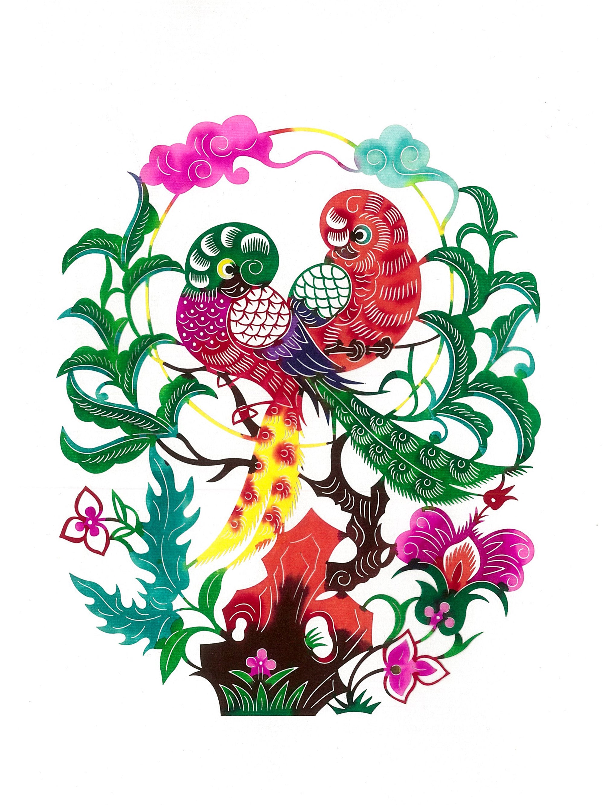 Paper Cutting - Parrots Among Hibiscus